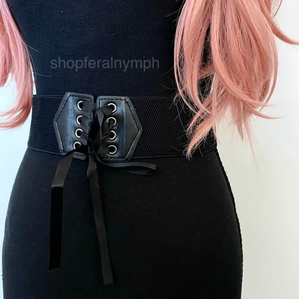 Black Y2K Lace Up Corset Stretch Wide Waist Belt, Fits Up to 27 Inches, X7GA1312 - Image 3