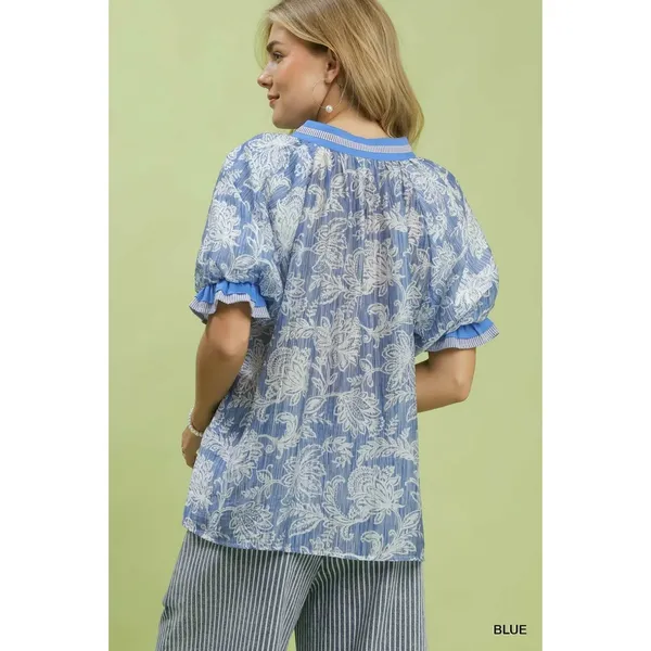 Umgee Floral Print Puff Sleeve Top - Blue - Small - Image 3