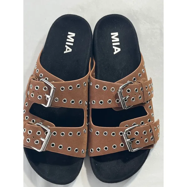 MIA‎ Brooklyn Grommet Buckle Double Strap Slide Sandals Women 6 Brown Edgy Punk - Image 7