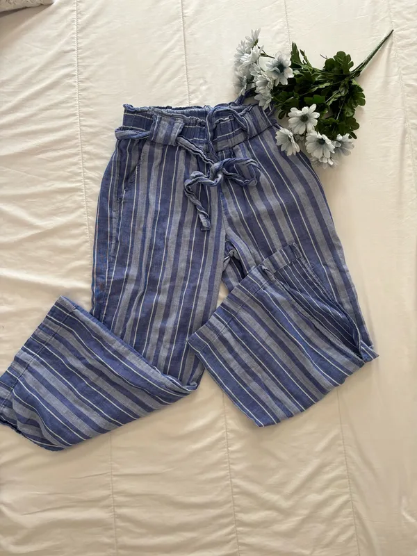 Pull-On Wide Leg Minimalist ResortWear Striped Blue White 100% Cotton Pants Sz S - Image 2