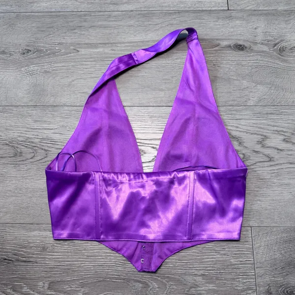 Sky to Moon Purple Satin Halter Corset‎ Top Deep V-Neck Hook-and-Eye NWOT Small - Image 2