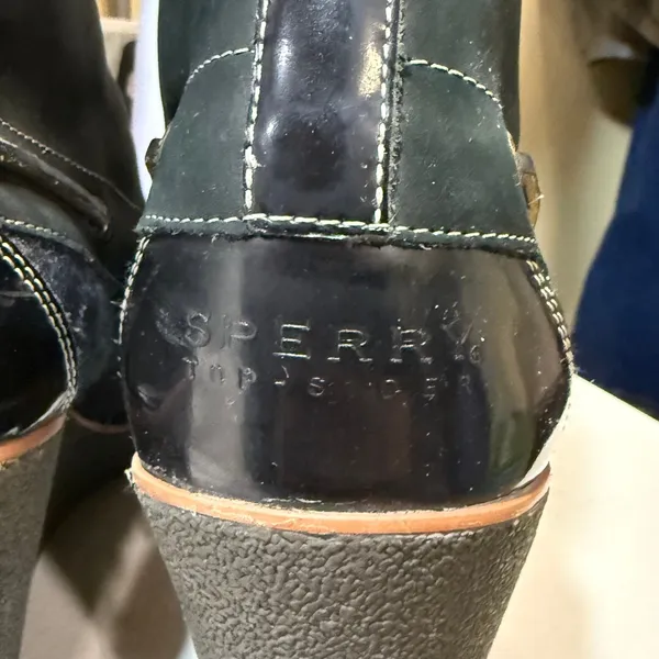 Sperry Top-Sider 11M Black Green Leather Wedge Boot Plaid Laceup Preppy Academia - Image 3