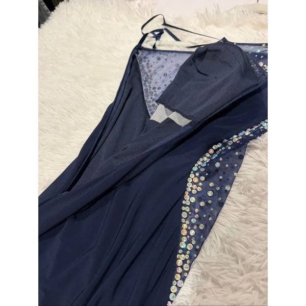 La Femme One Shoulder Sheer Rhinestone Formal Maxi Dress in Navy Blue Size 0 - Image 7