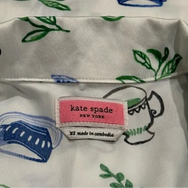 Kate Spade Blue Green Novelty Coffee Print Satin Pajama‎ Top Cozy Feminine XS - Image 7