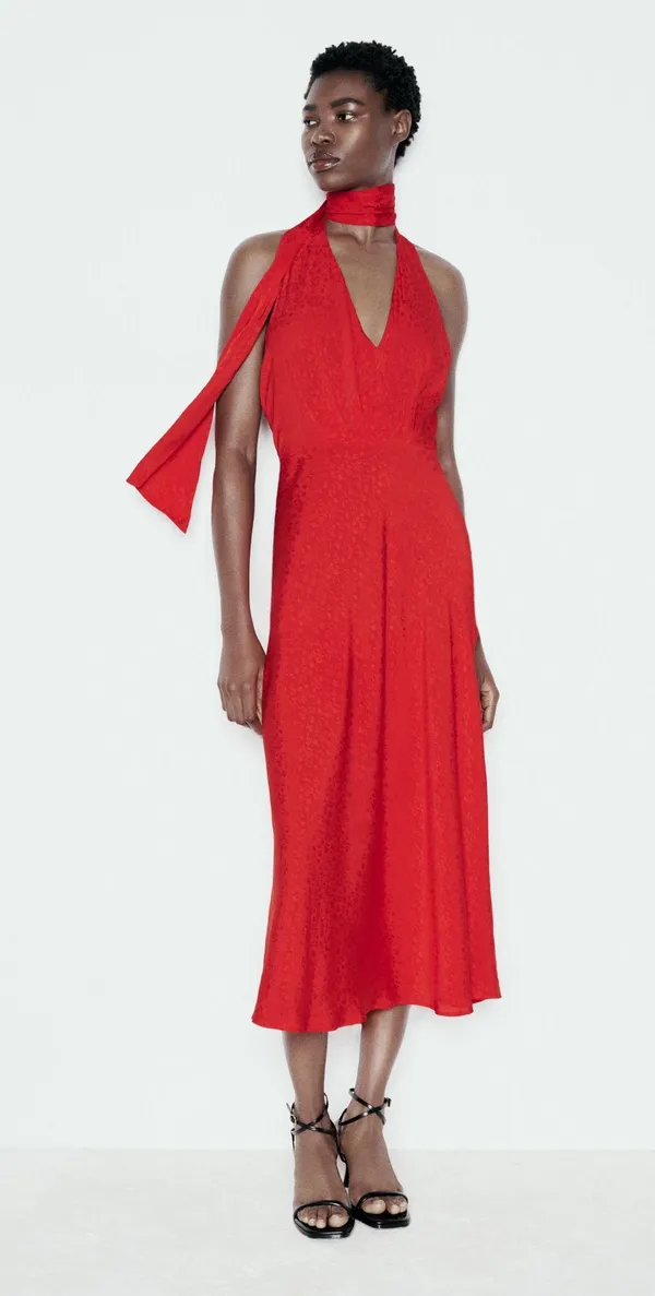 Zara midi dress Elegant Red Halter prom wedding cocktail party satin - Image 2