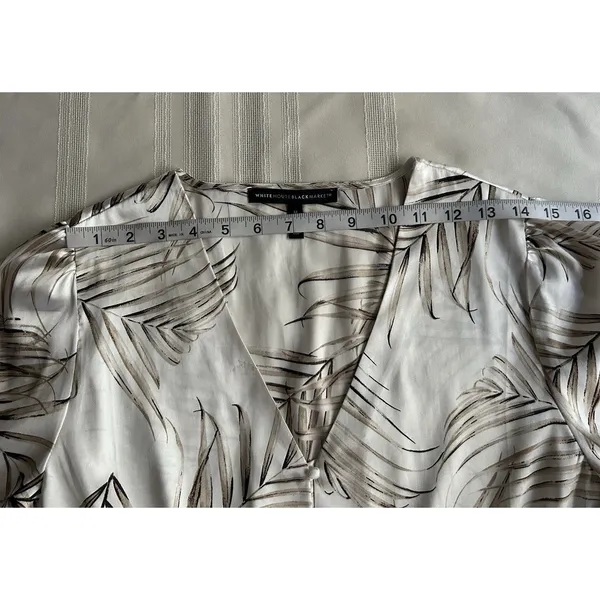White House | Black Market Satin Feel Peplum Blouse Palm Print Bell Sleeve Boho Coastal Ivory Size M - Image 8