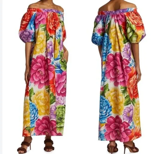Farm Rio Rainbow Chita Off Should Puff Sleeve Colorful Maxi Dress Size M - Image 2