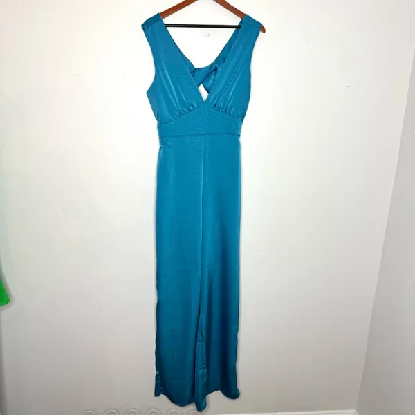 Lulu's Remarkable Style Blue Satin Twist-Back Cutout‎ Wide-Leg Jumpsuit - Image 3