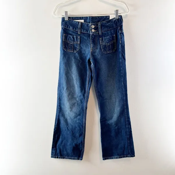 Zara Low Rise Patch Pocket Dark Wash Denim Flare Jeans Blue 0 - Image 5