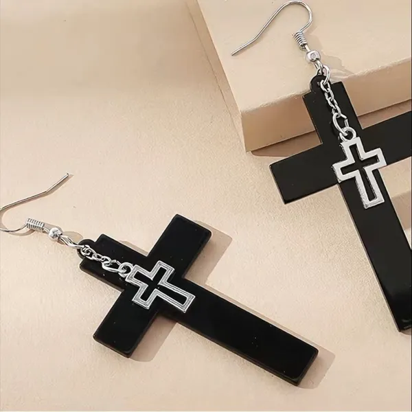 Unique design double‎ layer black cross light weight plastic dangle earrings - Image 8