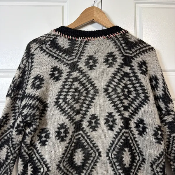 GIG by BKE Cardigan Women M Black Gray Aztec Lace Trim Open Front Wool Blend - Image 9
