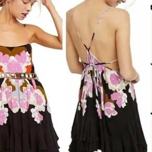 Free People Mini Dress Womens‎ Small Black Pink Floral Mirror Boho Festival - Image 2