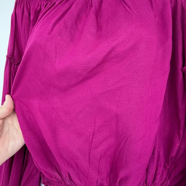 Free People Free Spirit Crop‎ Top S Magenta Off Shoulder Tiered Bell Sleeve Boho - Image 3