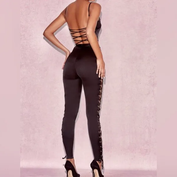 House Of CB, 'Tsarina' Black Satin Jumpsuit With Side Lace Ups - Image 8