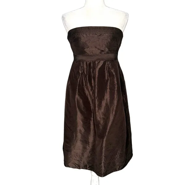 J Crew Strapless‎ Dress 0 XS Brown 100% Silk Satin Lined Babydoll Empire Waist - Image 3
