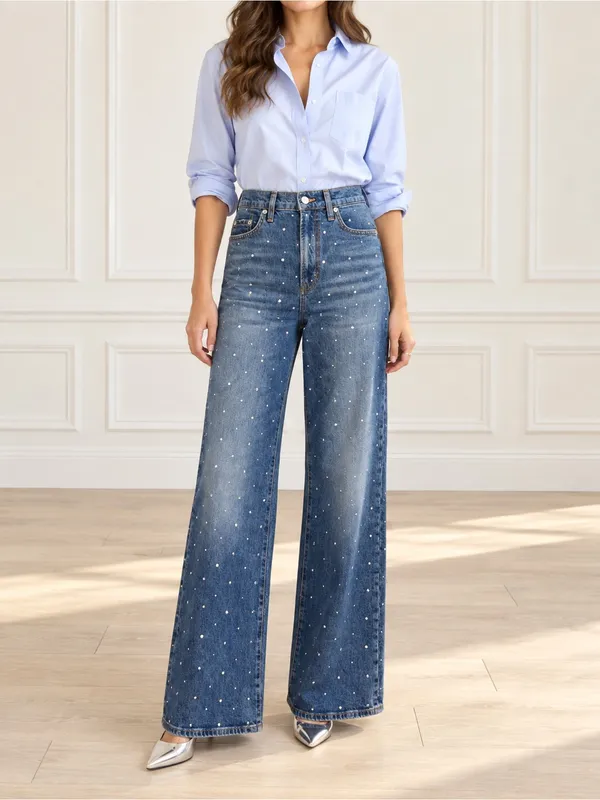 Maje Studded Wide Leg Jeans US Size 2 Medium Wash Blue High Rise Denim - Image 15