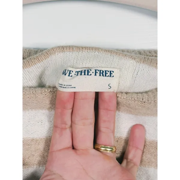 We The Free Into The Blue Striped Sweater Crop Small Tan Cream Granola Cozy Fall - Image 4