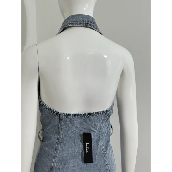 NWT Lulus Denim Buttons Mini Dress Halter Open Back Y2K Women’s XS - Image 7