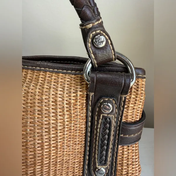 Vtg Fossil Raffia & Brown Leather Braided Handles Boho Spring Satchel - Image 2