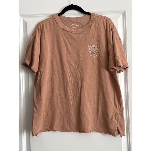 Aerie Brown Graphic T-Shirt Spring Fling‎ Disco Ball Smiley Face Oversized Small - Image 3