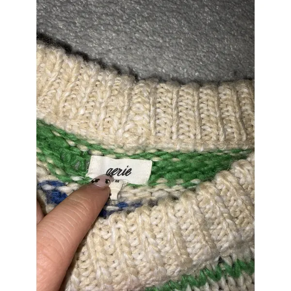 Aerie Women's M Cream Green Blue Wavy Stripe Cropped Knit Sweater Wool Blend - Image 4