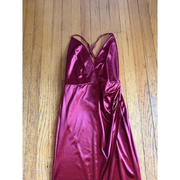 Lulus Red Satin V Neck Strappy Side Slit Maxi Formal Gown - Image 2