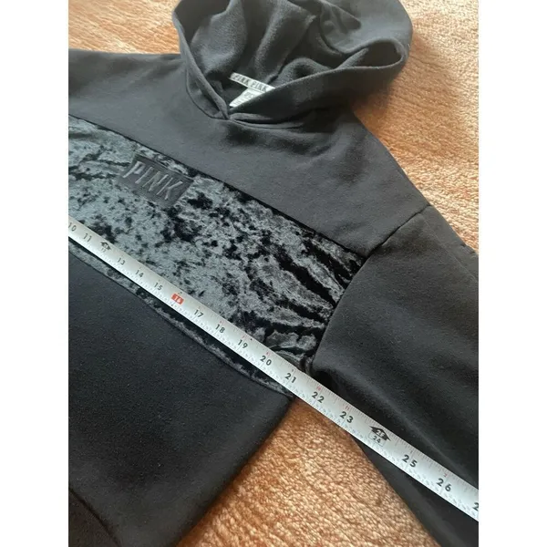 Victoria'S Secret Pink Cropped Hoodie Velvet Logo Long Sleeve Black Sz S - Image 4
