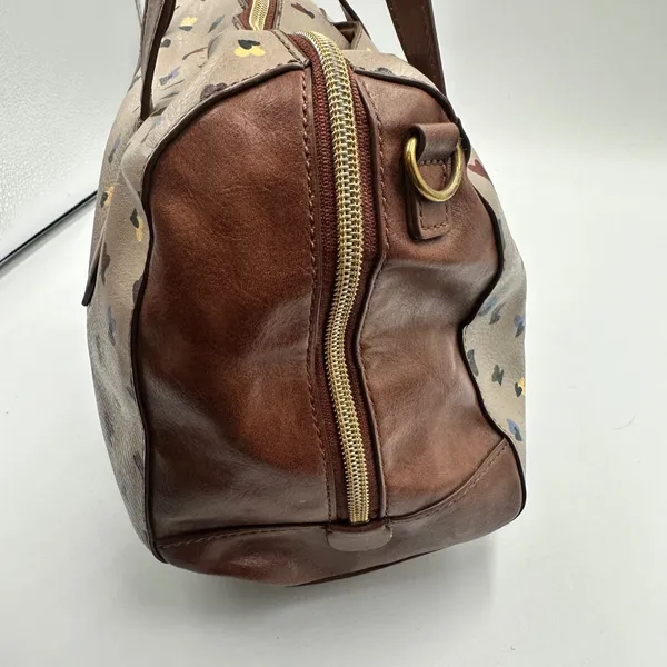 Fossil Rachel Satchel Bag Taupe Heart Print Pebbled Leather Brown Trim Handbag - Image 5