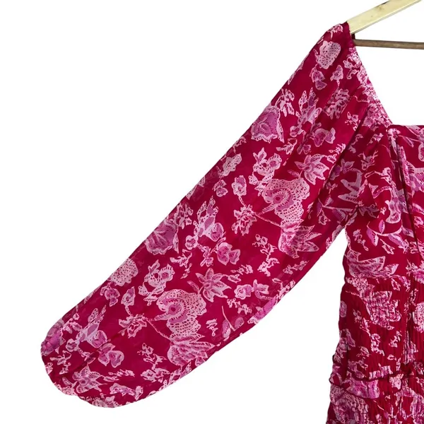 Sim & Sam Floral Paisley Smocked Mini Dress Red Pink Boho Balloon Sleeve Size XL - Image 4