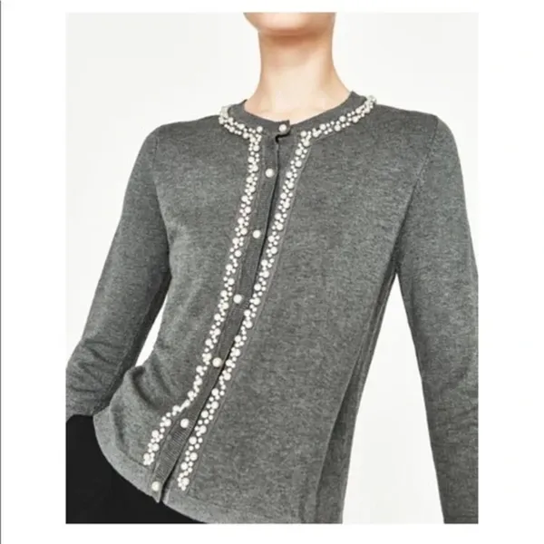 Zara Gray Pearl Embellished‎ Cardigan Sweater Size Small - Image 6