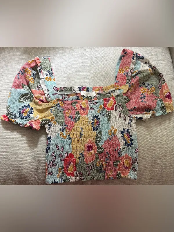 Monteau Smocked Floral Top S Blue - Image 2