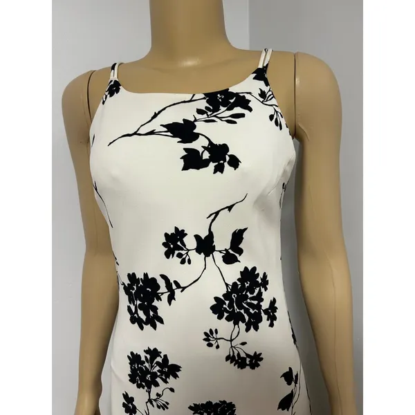 Y2K SL Fashions White Black Floral Midi Sheath Dress Square Neck Size 8 146544 - Image 2