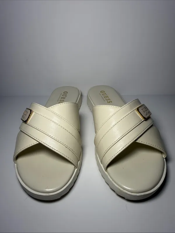 Guess Cream Crisscross Slide Sandals with Gold Accent - Image 3