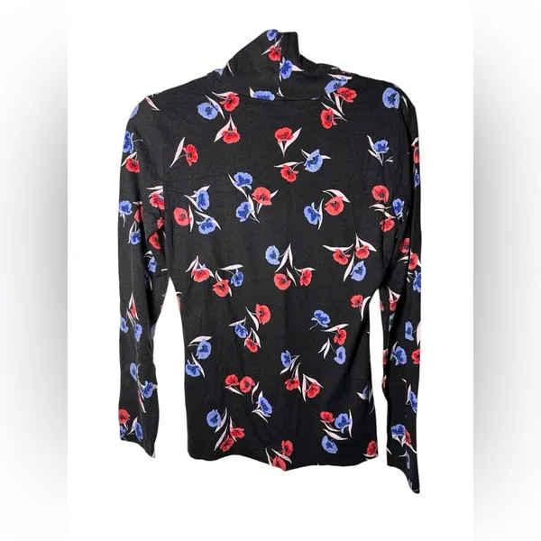 Ann Taylor‎ Women’s Floral Print Long Sleeve Top Black Red Blue Size M - Image 5
