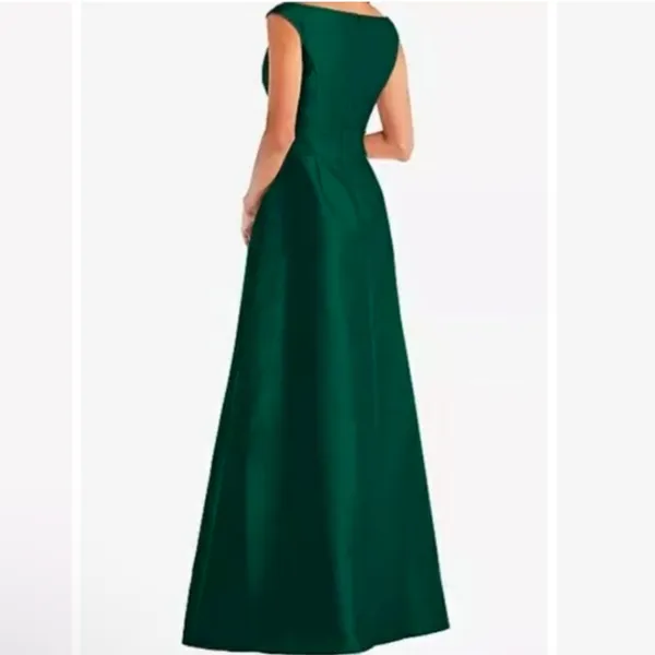 New! Alfred Sung D811S Hunter Green Off Shoulder Draped‎ Wrap Satin Maxi Dress 4 - Image 3