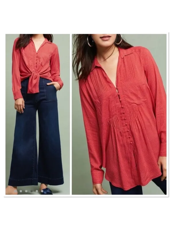 Anthropologie Maeve Matilda Polka Dot Blouse Button‎ Front Red White Size S - Image 2
