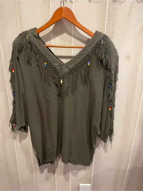 Cute vintage 80s olive beaded fringe oversized v tunic morocco boho festival - Image 5