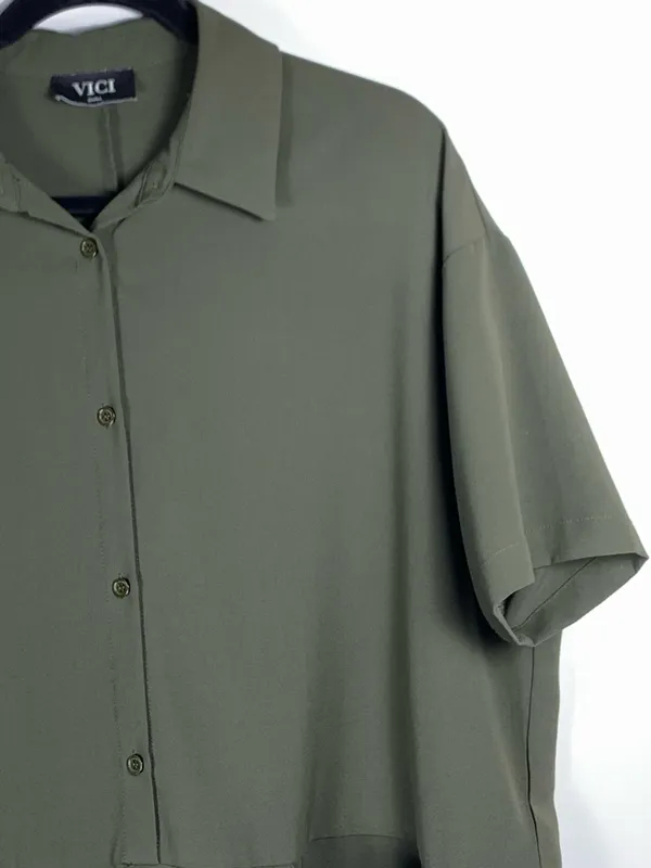 VICI Shirt Dress Small Olive Green Utility Button Front Pockets Casual - Image 5