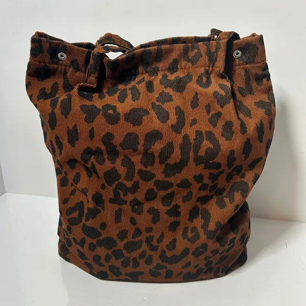 Leopard Print Corduroy Tote‎ Bag Brown Black Animal Pattern Snap Closure Lined - Image 10