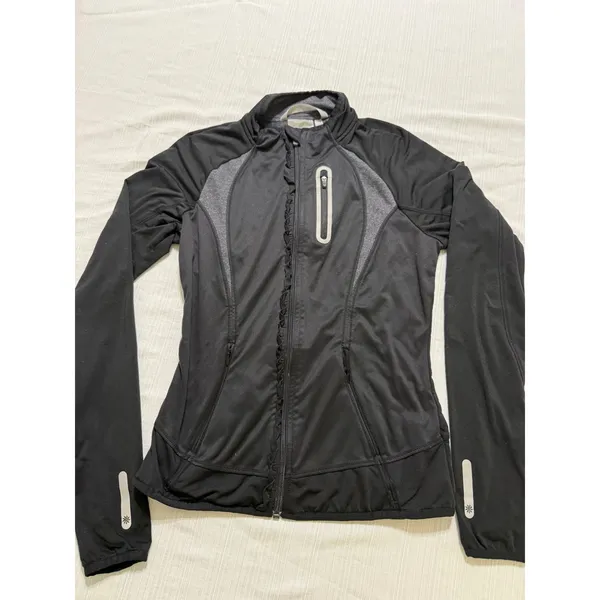 Athleta Womens‎ XS Black Gray Ruffle Full Zip Running Jacket Thumbholes Pockets - Image 2