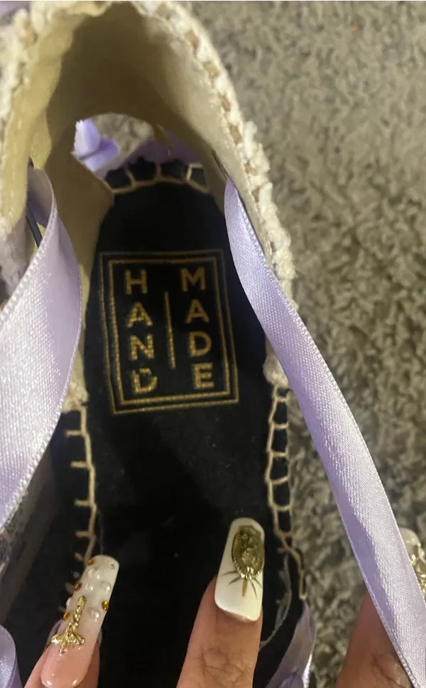 Women’s Size 38-handmade Lavender Ribbon Espadrille with Blue Accent - Image 4