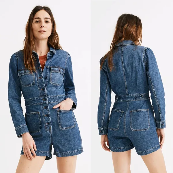 $128 Madewell Blue Denim Long-Sleeve Jumpsuit Short Romper in Vasey Wash - Image 2