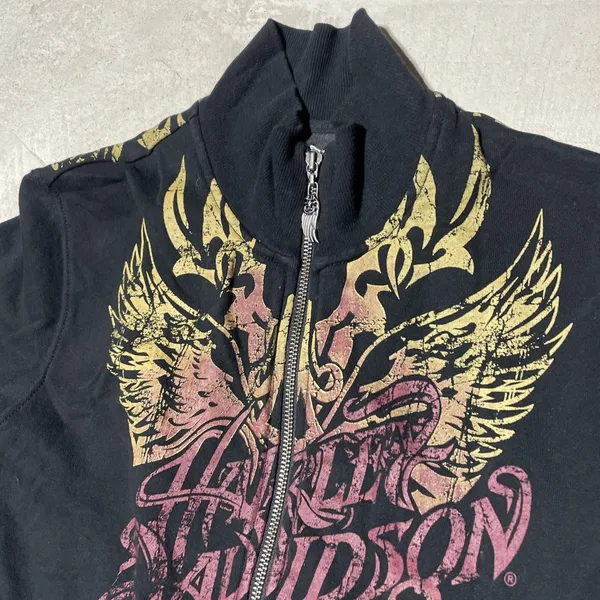 Y2K Harley Davidson Women's SZ L Sweatshirt Black Collar Applique Zip AOP - Image 3