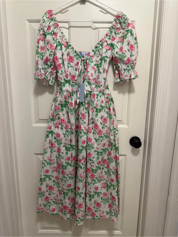 HILL HOUSE The Ophelia Nap Midi Pink Roses Dress Size Small - Image 4