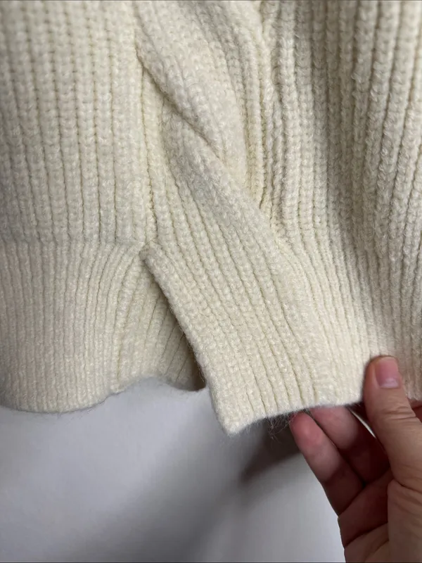 Korean Fashion Moong-Chi Cream Cutout V-Neck Chunky Rib Cable Knit Front Sweater - Image 7