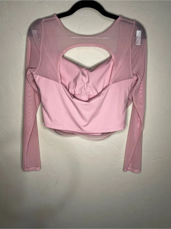 Laslulu Pink Mesh Crop Top Double Lined Athletic Back Cutout Top - Image 5