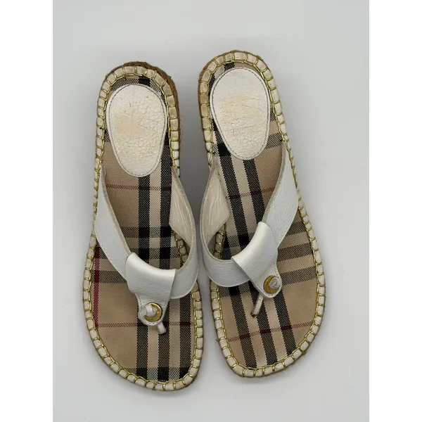 Burberry Wedge Sandals Womens 39 White Nova Check Espadrille Thong Leather - Image 10