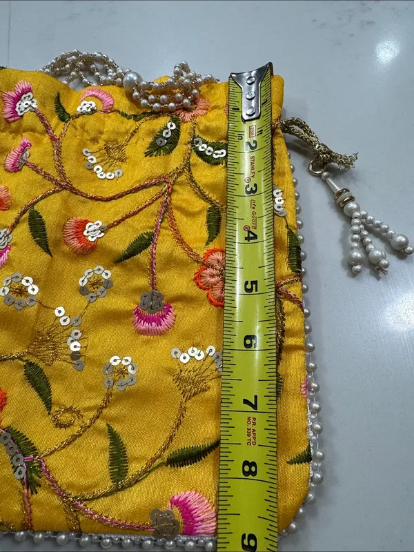 Yellow Floral Embroidered Indian potli Bag - Image 9
