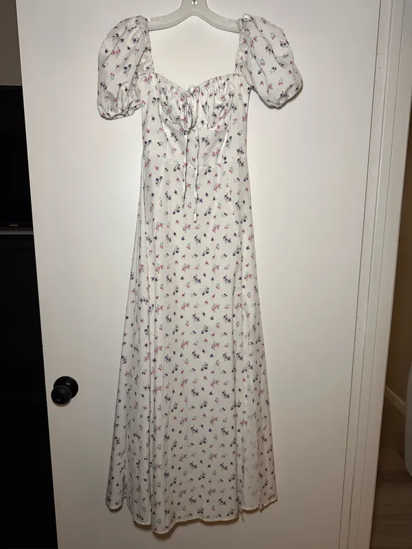 White Floral Off/On Shoulder Short Sleeve Maxi Dress Women’s XS - Image 3