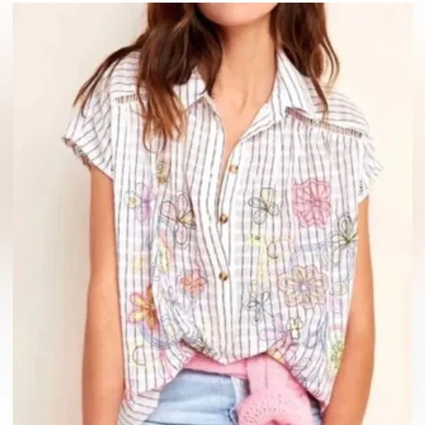 ANTHROPOLOGIE Pilcro Serena Surf Henley Linen Blend Blouse Size XS - Image 4